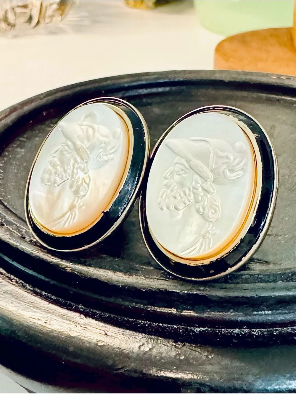 Vintage SWANK Mother of Pearl Greek Soldier Cameo Cufflinks